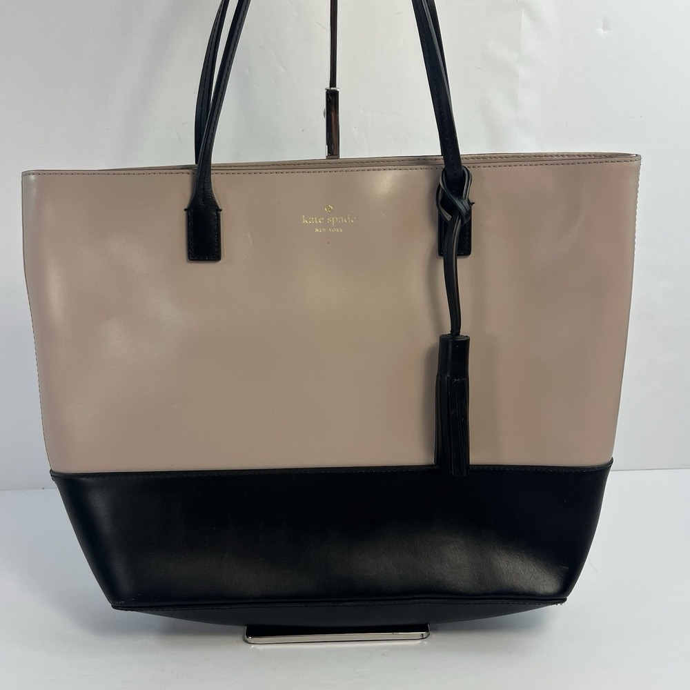 Kate Spade Black Pale Pink Leather Tote Wright Place Karla Tassel Logo Purse Bag - Picture 1 of 10